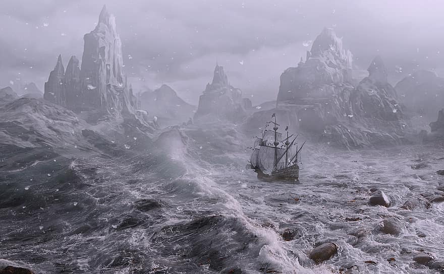 navio, mar, ondas, névoa, neve, montanhas, galeão, oceano, tempestade, vela