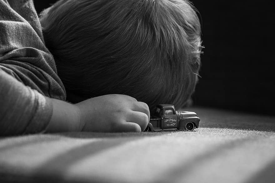 Child, Kid, Boy, Happiness, Young, Playing, Toy, Car, Vehicle, Black White, black and white