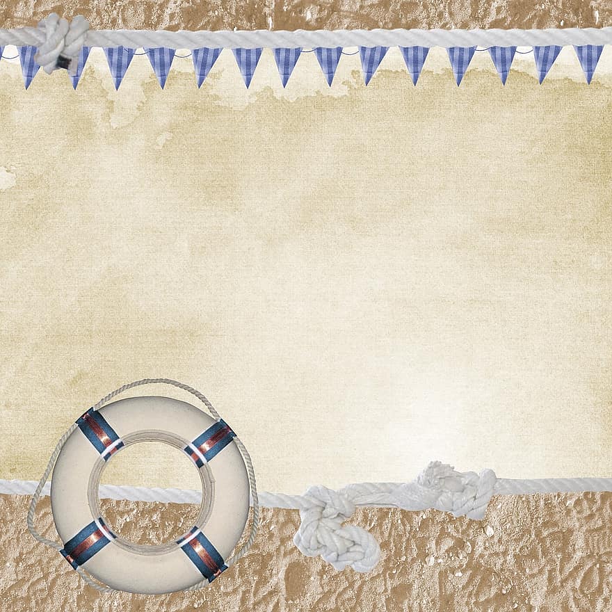 nautische, strand, plakboek, achtergrond, pagina, blauw, zand, vlaggedoek, banier, schelp, montuur