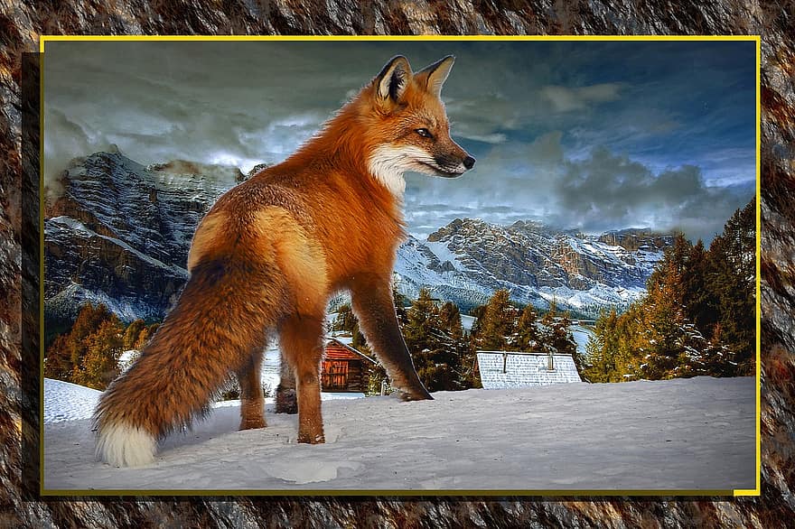 アセンブリ、冬、組成、動物、狐、動物Futerkowe、ルディ、背景、山の風景、雪、太陽の残骸