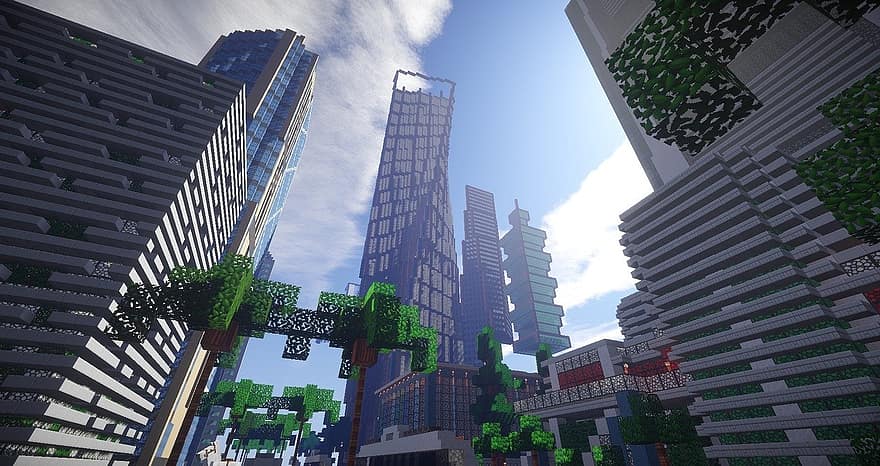 Minecraft, Karta, stad, skyskrapa, skyskrapor, shader, väg, byggnad, träd, torn, arkitektur