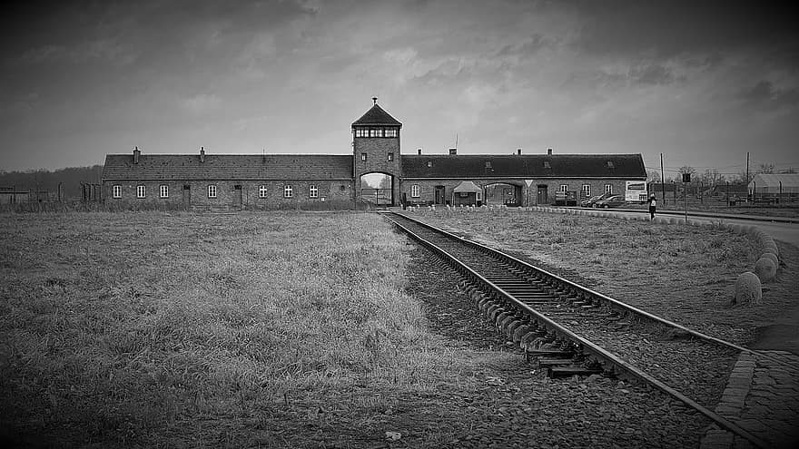 ที่ระลึก, พิพิธภัณฑ์, ขาวดำ, Auschwitz, Birkenau, นาซี, ชาวยิว, โปแลนด์, ประตู