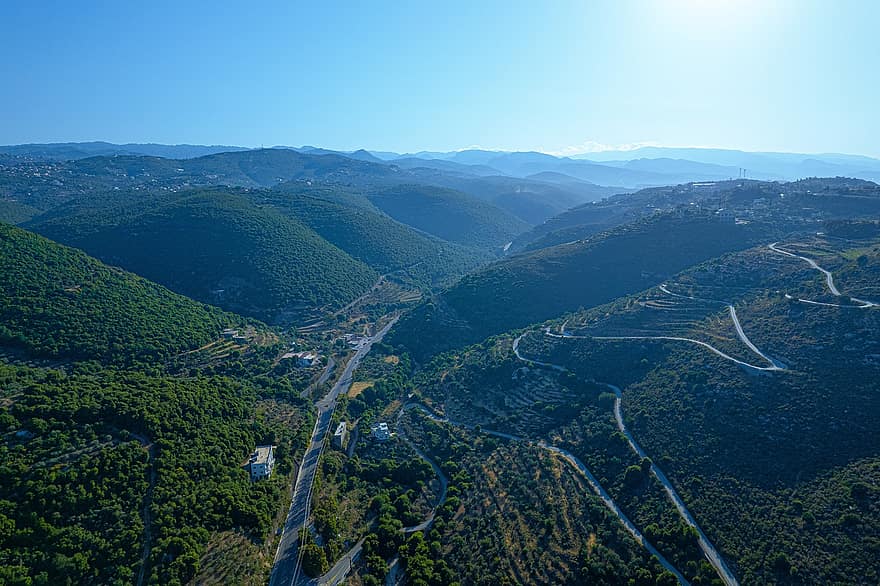 kalnai, kelias, peizažas, Libanas, vaizdas, pobūdį, kraštovaizdį, miškas, medžiai, drone, kalnas