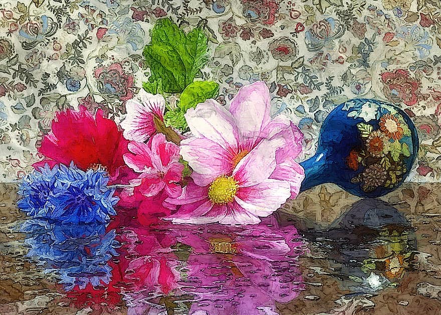 Splash On The Desk, Vase, Flower, Pink, Blue, Red, Green, Plant, Water, Reflection, Droplets
