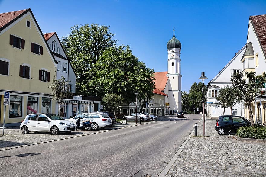Markt Schwaben, kasaba, sokak, yol, binalar, kilise, çan kulesi, açık havada, üst bavyera, Bavyera
