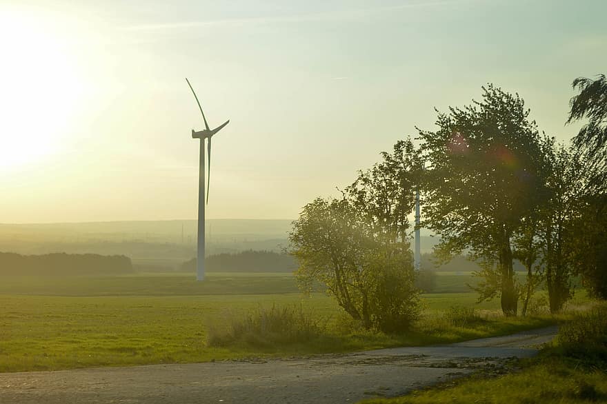 väderkvarn, energi, förnybar, miljö, landskap, träd, turbin, vind