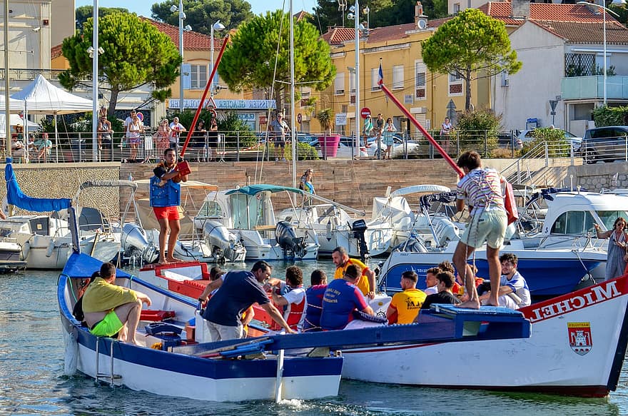 Provence, Vízi torna, Marine Jousting, hajó, nyári, vitorlázás, víz, vakáció, utazás, móka, férfiak
