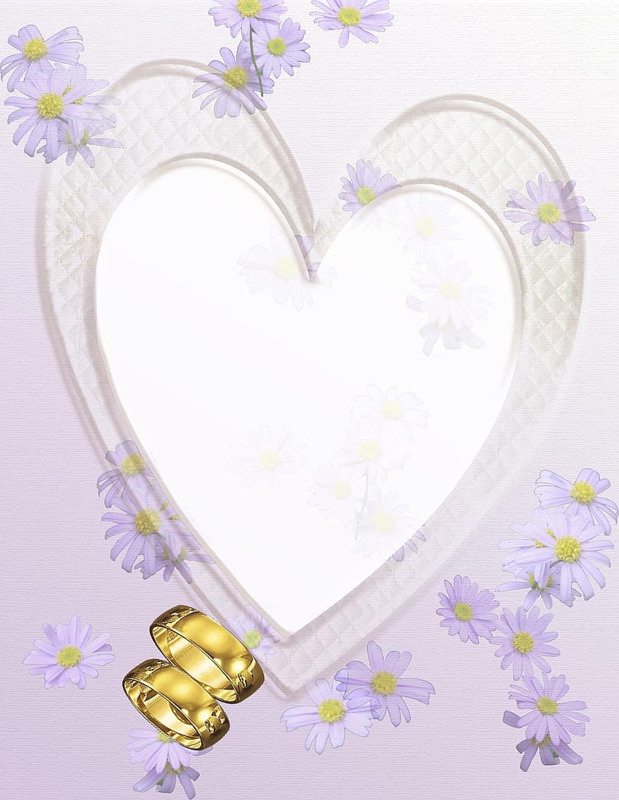 hjärta, kärlek, engagemang, bröllop, ringar, lila, gyllene, violett, ram, fotoram