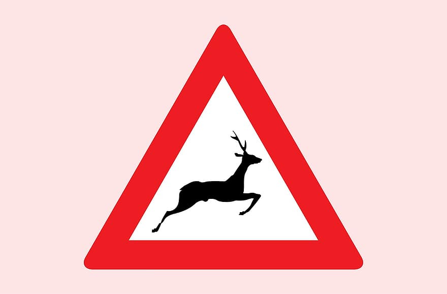 Animals, Deer, Sign, Road, Warning, Red, Reflective, Traffic, Ride, Attention, Caution