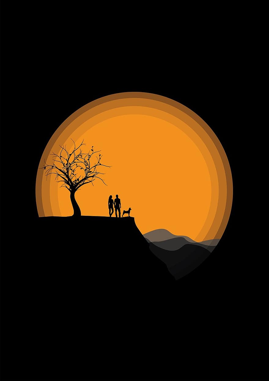 Couple, Dog, View, Clouds, Tree, Cliff, Perspective, Perspective Art, Minimalist Arts, Minimalist, Vector