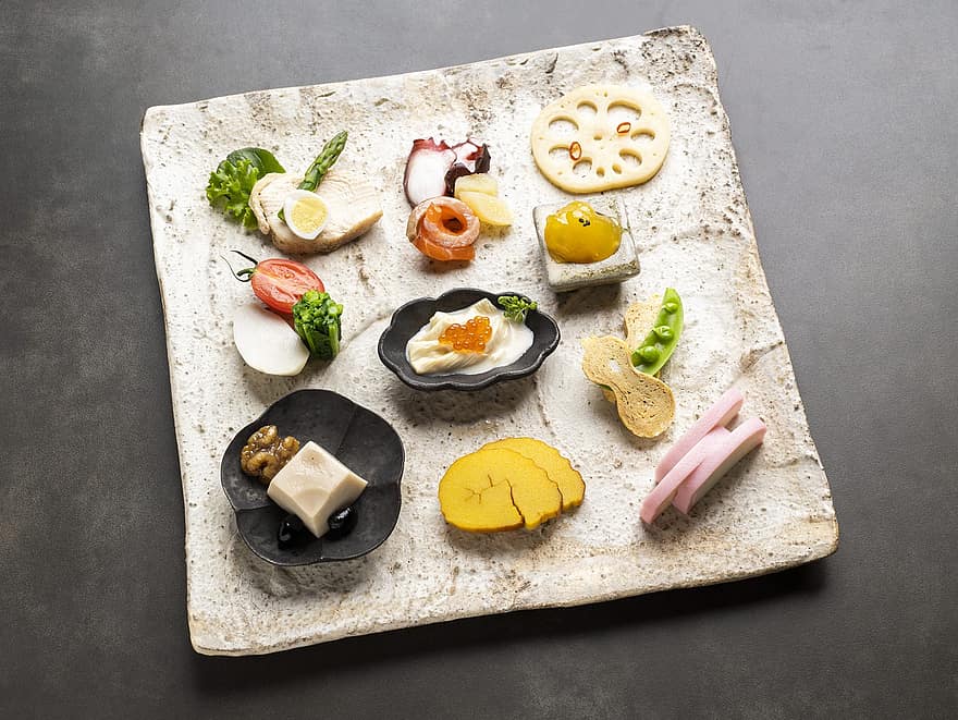 जापानी भोजन, खाना, सबजी, अंडा, फलियां, टोफू, कमल की जड़, सैल्मन, सामन मछली के अंडे, पेटू, ताज़गी