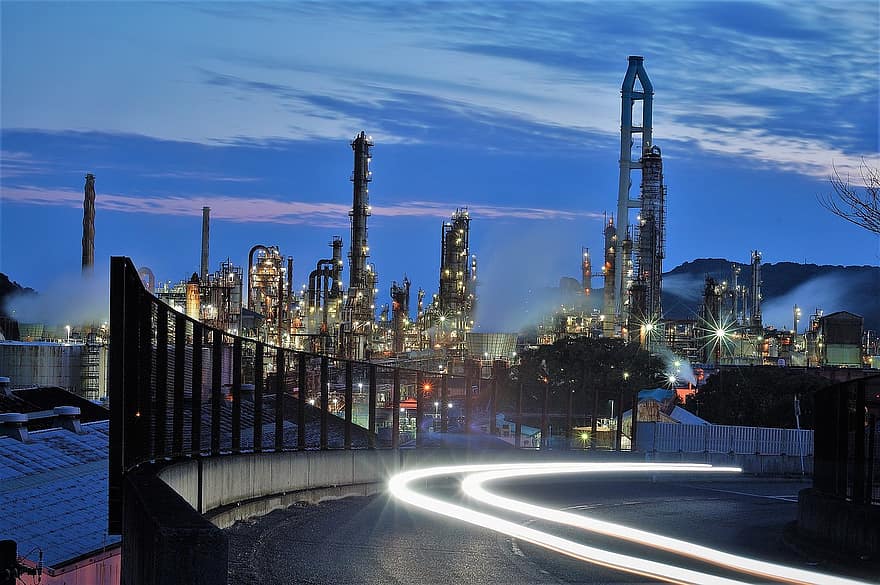 Road, Street, Factory, Industrial, Outdoors, Urban, night, industry, fuel and power generation, dusk, refinery
