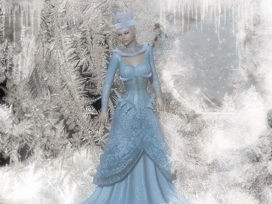 fantezi, buz kraliçesi, peyzaj, buz saçağı, don, pırıltı
