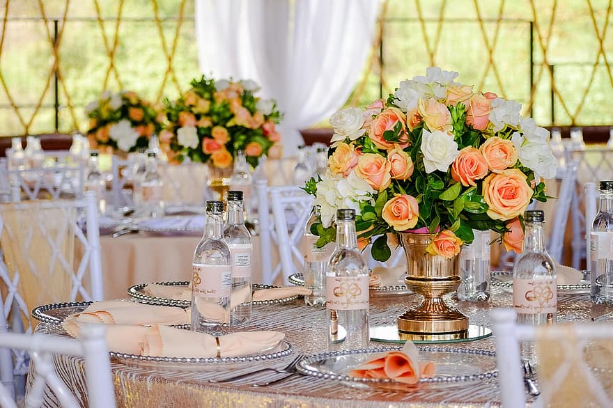 blomst, flor, begivenhed, bryllup, parti, indretning, bord, dekoration, fest, banket, vase