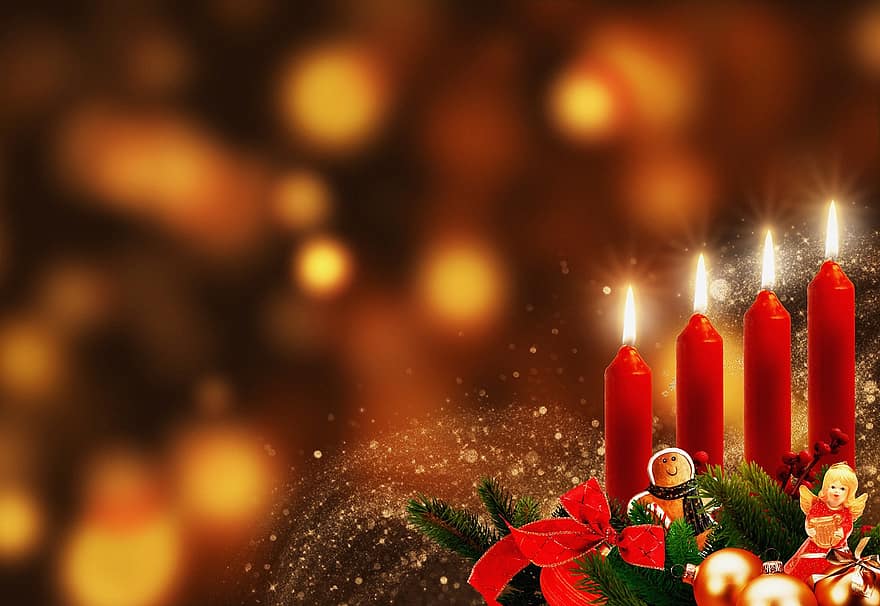 cahaya lilin, ornamen, hari Natal, berkilau, malaikat, roti jahe, bokeh, Latar Belakang, lilin, kedatangan, dekorasi Natal