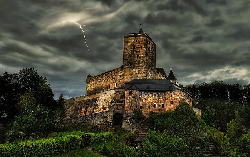 замок, башня, архитектура, средневековый, готика, старый, исторический, молния