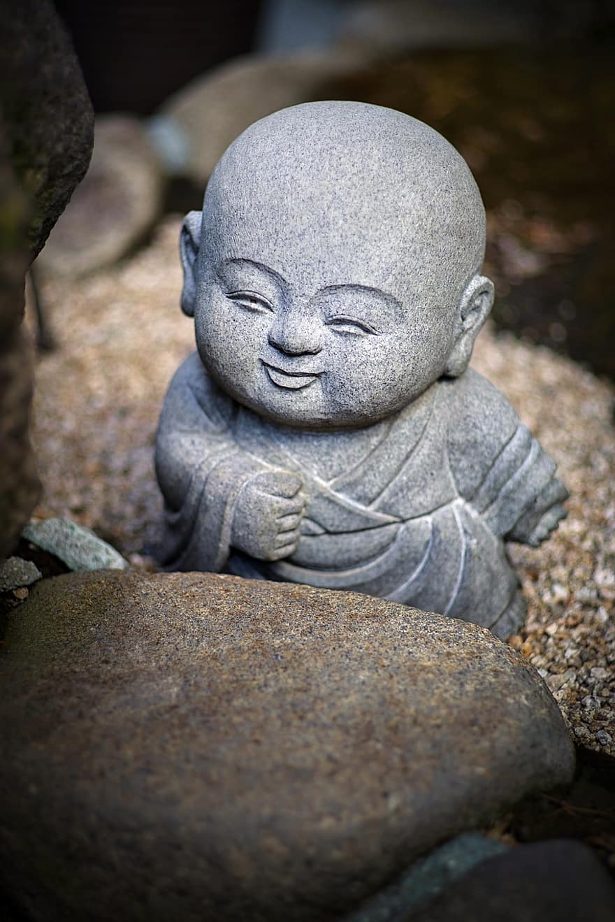 statue, skulptur, munk, lille munk, baby munk, sten statue, sten skulptur, dekoration, indretning, have, Miyajima