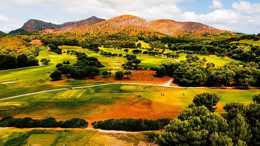drone, golfas, grotuvas, Mallorca, kelionė, dji, kaimo scenoje, medis, kraštovaizdį, ūkis, žalia spalva