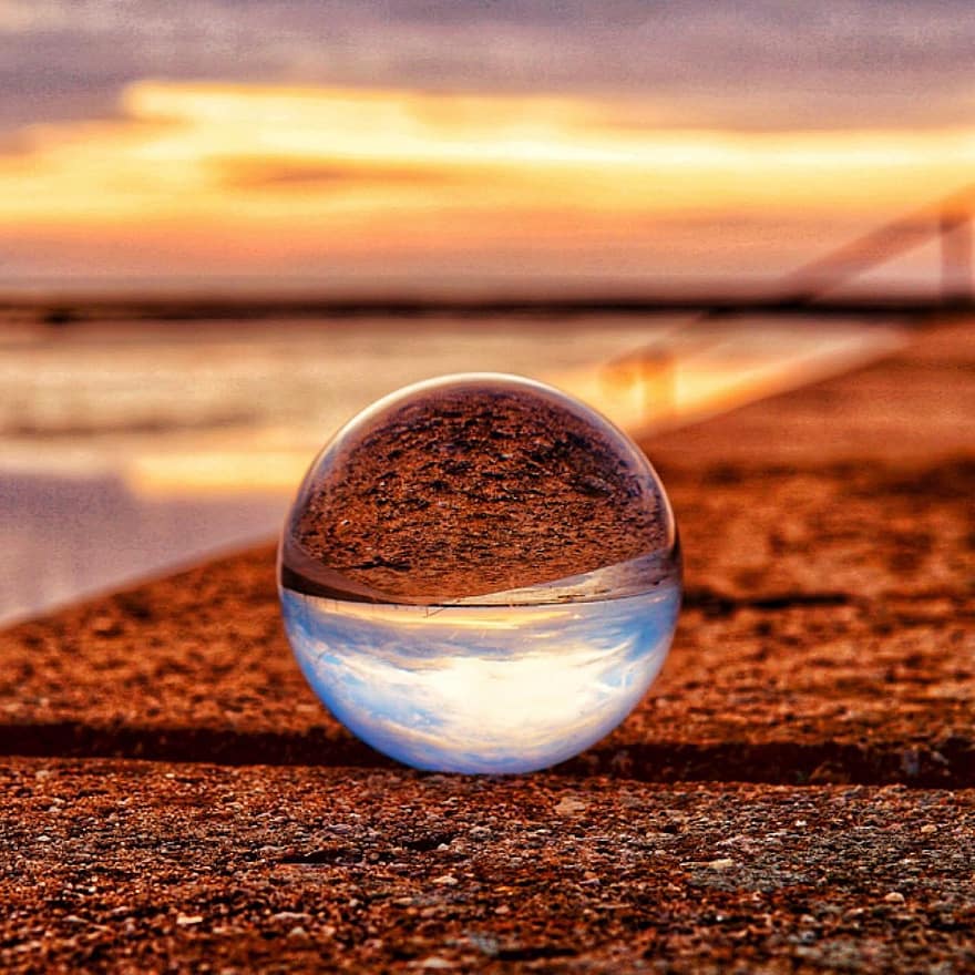 стъклена топка, море, залез, вода, небе, топка, изображение на земното кълбо, лято, кристална топка-графия