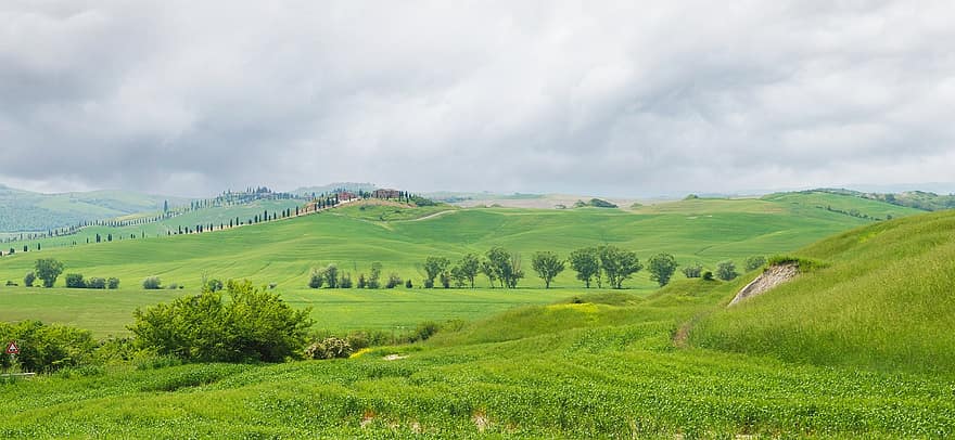 les collines, des champs, rural, panorama, toscane, Italie, ciel, des nuages, paysage, Prairie, la nature