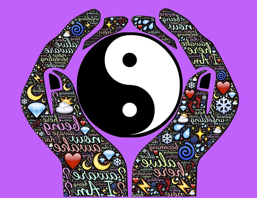 viu, despert, conscient, mans, yin, yang, dualitat, tao, abraçada, celebració, ser