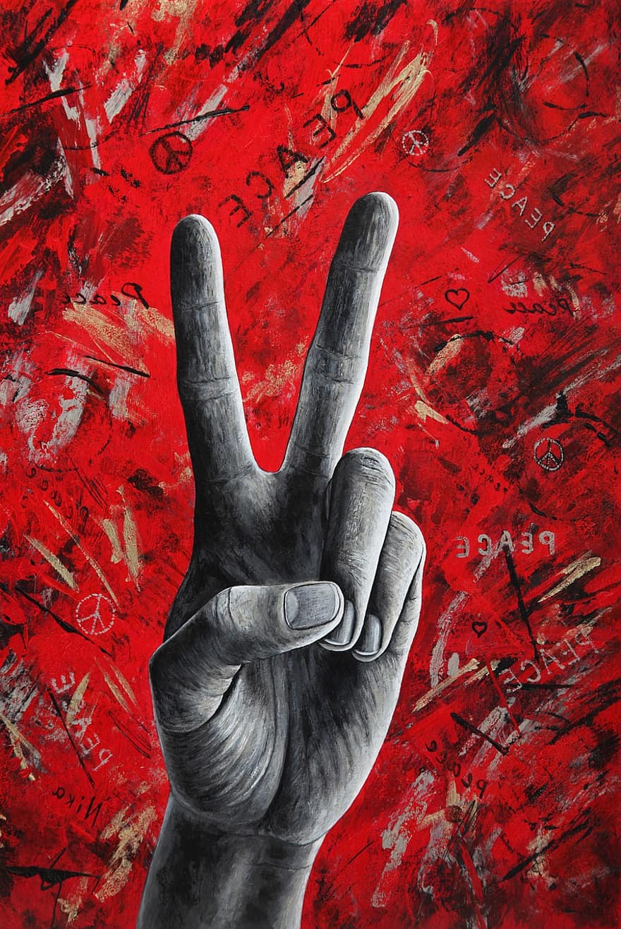 мир, два, пальцы, знак, условное обозначение, победа, рука, красный, картина, человек, мирное