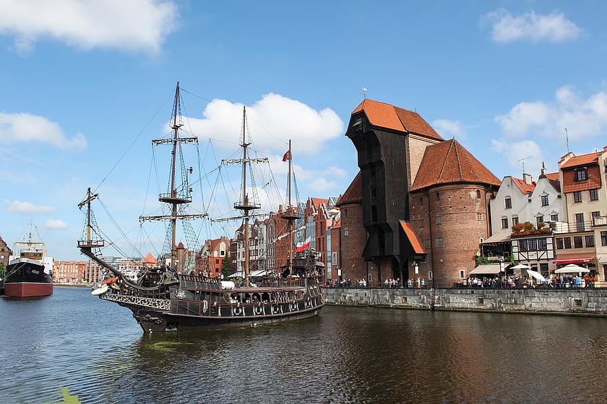 Gdansk, A Daru, hajó, kikötő, folyó, Óváros, múzeum, Lengyelország, város, régi hajó, Moldva