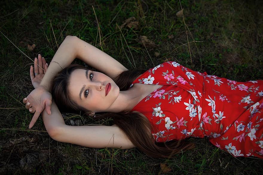 Woman, Model, Grass, Dress, Pose, Lying Down, Field, Nature