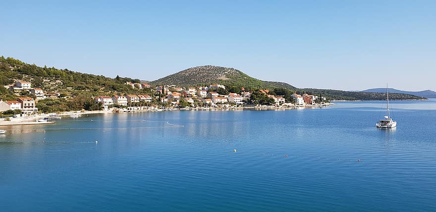 kroatija, Slano, įlankoje, valtis, buriavimas, pakrantėje, kaimas, jūros, vanduo, vasara, mėlyna