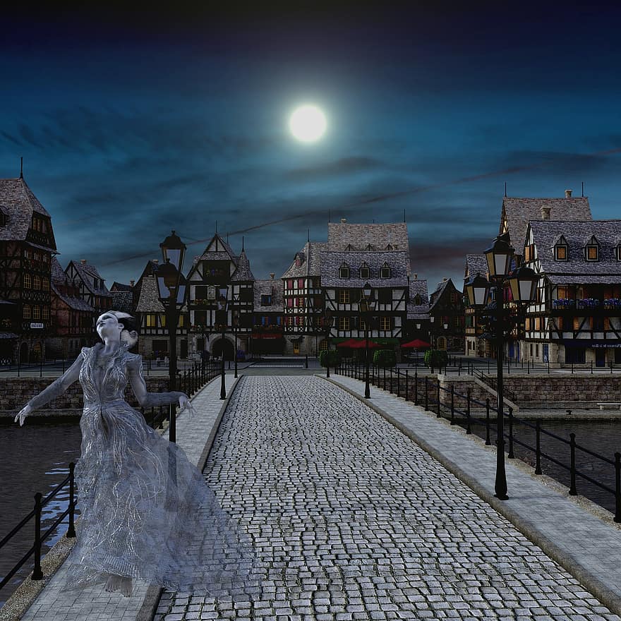 жена, призрак, мост, средновековен, нощ, момиче, град, луна, тъмнина, готически, тайнствен