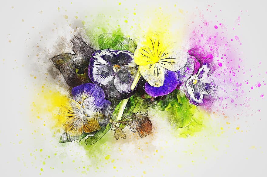 Flowers, Pansy, Art, Nature, Abstract, Watercolor, Wedding, Vintage, Spring, Romantic, Artistic