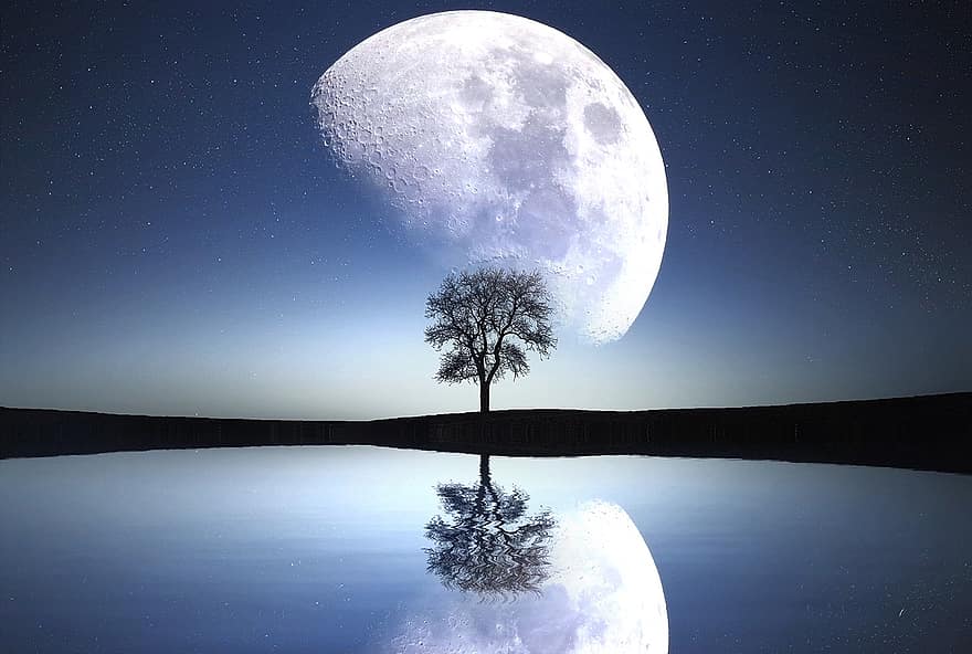 луна, нощ, езеро, река, небе, природа, пейзаж, лунна светлина, нощно небе, спокоен, звезда