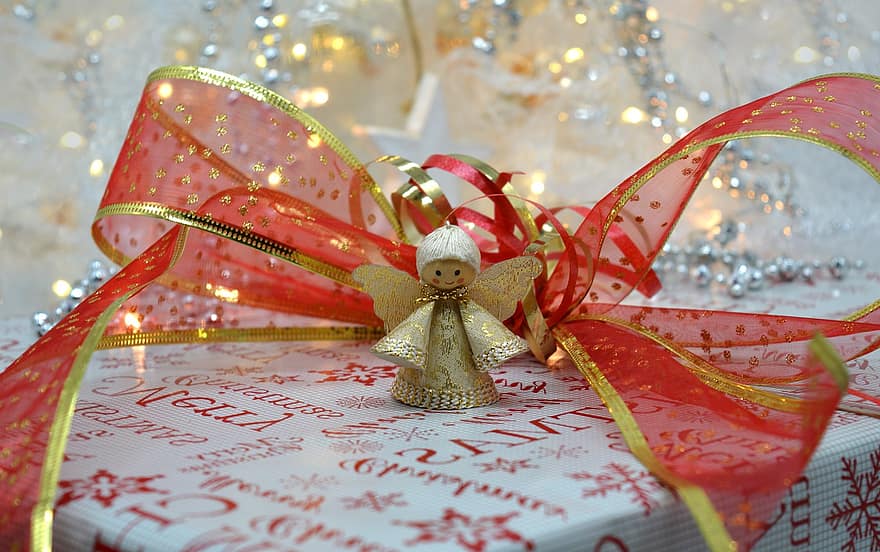 δώρο, δώρο τόξο, Χριστουγεννιάτικο μοτίβο, χριστουγεννιάτικος άγγελος, κόκκινος φιόγκος, Χριστούγεννα, παρόν