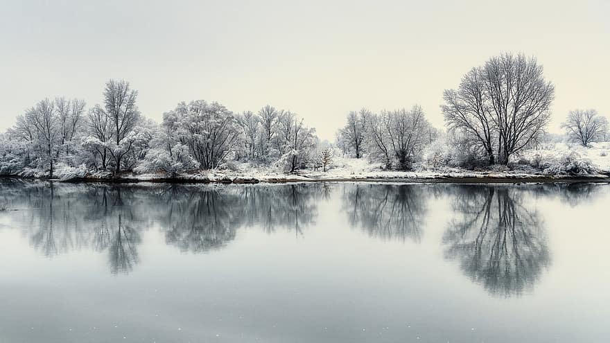 Winter, Snow, River, Nature, Trees, Landscape, tree, forest, season, frost, water