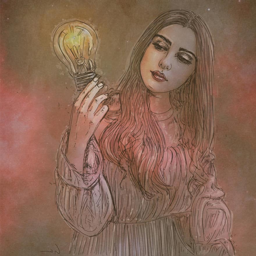 Girl, Light Bulb, Idea, Mystical, Horse, women, illustration, adult, one person, young adult, creativity