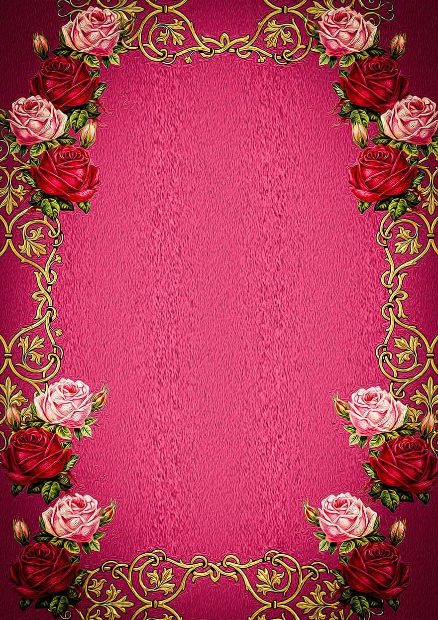 Ornament, Retro, Picture Frame, Flower, Floral, Roses, Vintage, Victorian, Pink, Red, Background