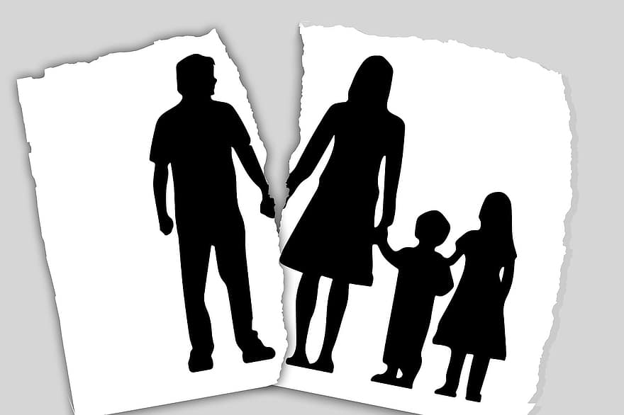 család, válás, elválasztás, előtt, házasság felbontása, gyermekek, apa, anya, lánya, fiú, sziluettek