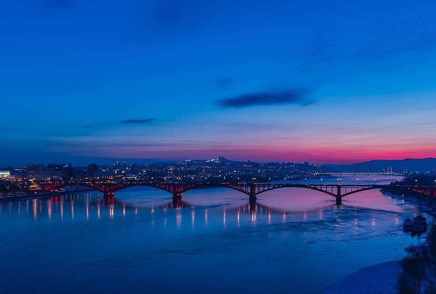cầu, con sông, Hoàng hôn, thành phố, bầu trời, thành thị, suối, Nước, hoàng hôn, đêm, krasnoyarsk
