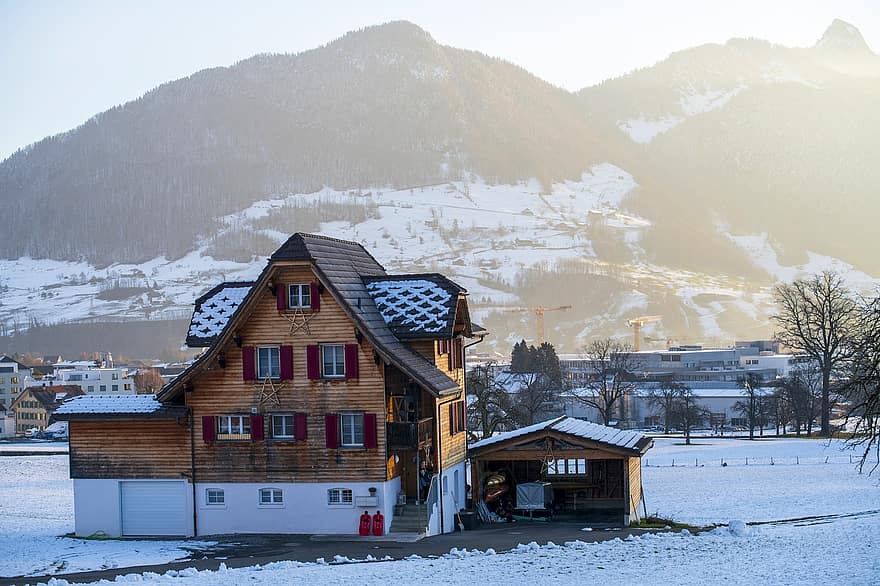къщи, кабини, село, сняг, зима, вечер, Швейцария, планина, дърво, къщичка, пейзаж