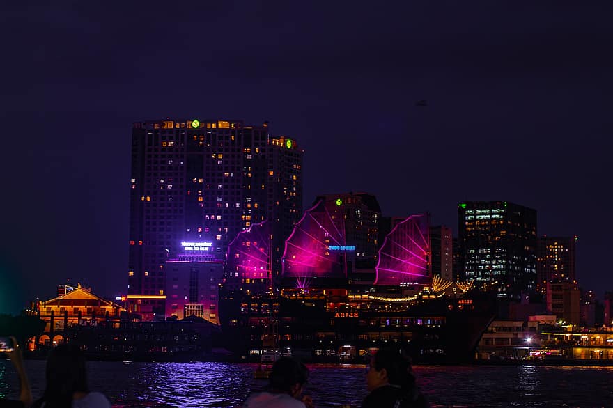 vietnam, saigon, flod, Ho Chi Minh City, Elisa Flytande Restaurang, fartyg, natt, lampor, stad, skyskrapor, horisont