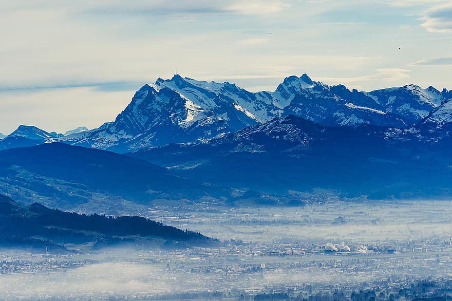 montanhas, névoa, natureza, Alpes, neve, inverno, pico, cimeira, cenário, panorama, säntis