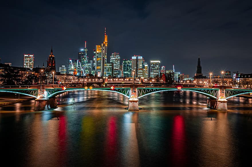 silta, rakennukset, yö-, valot, kaupunki, kaupunki-, arkkitehtuuri, Frankfurt, Saksa, ilta, siluetti