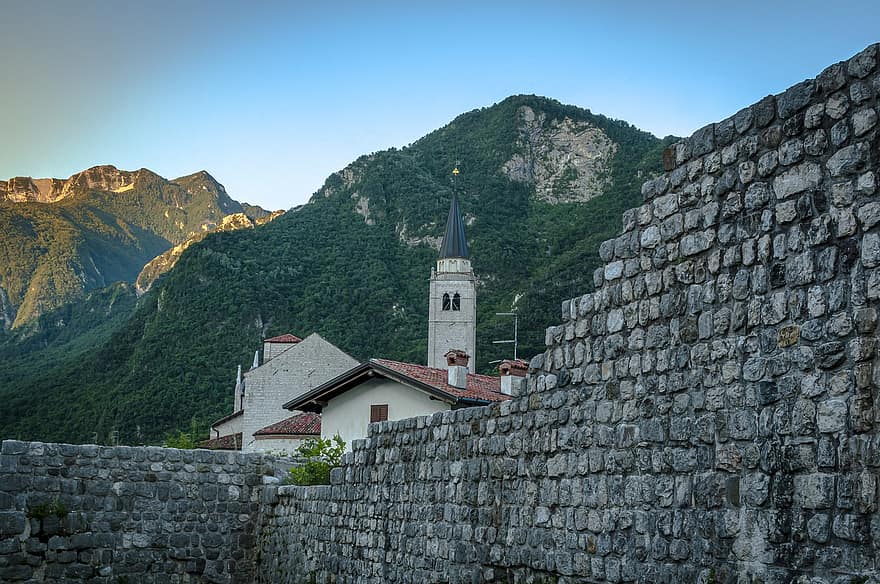 Εκκλησία, Άλπεις, βουνό, πέτρινος τοίχος