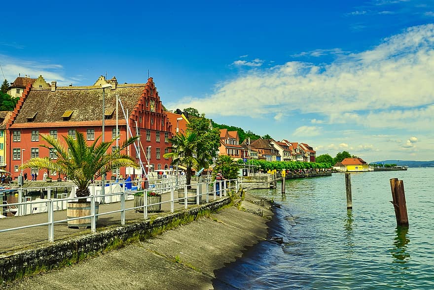lago, natureza, Cidade, Meersburg, arquitetura, verão, agua, viagem, lugar famoso, azul, turismo
