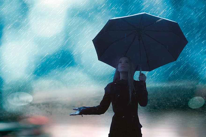 deszcz, dziewczynka, parasol, krople deszczu, kobieta, młoda kobieta, piękny, ładny