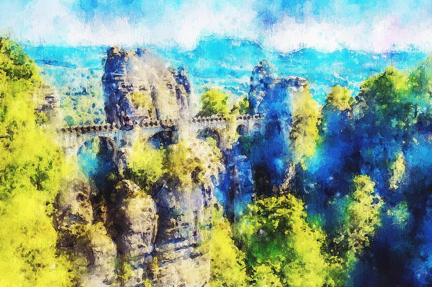 Bridge, Mountains, Painting, Trees, Nature, Landscape, Texture, Watercolor, Creative, Artistic, Art