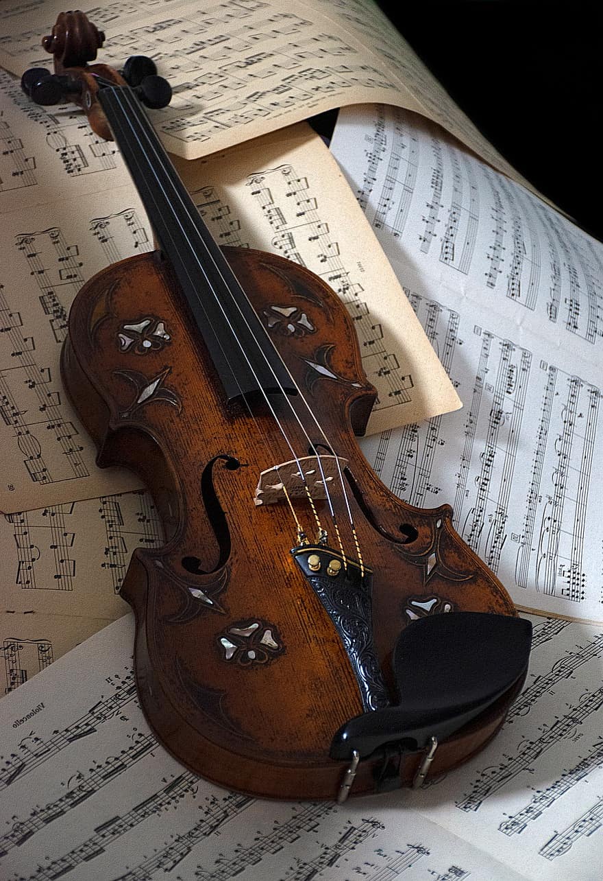 скрипка, струнный инструмент, музыкальный инструмент, Музыка, ноты, оценки, классический, старый, играл, альт, моцарт