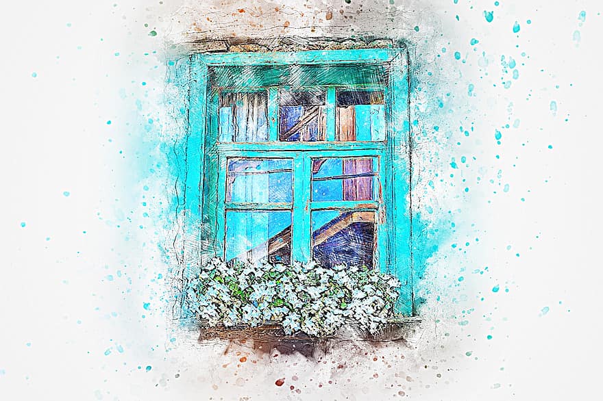 Window, Flowers, Nature, Art, Abstract, Watercolor, Vintage, Spring, Romantic, Artistic, Design