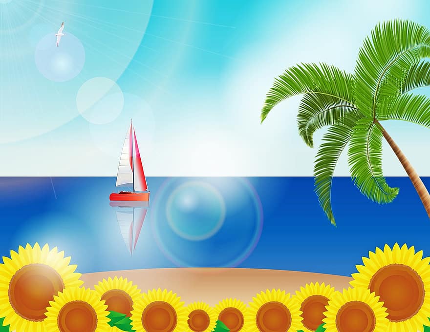 pantai, lumba-lumba, air, pohon palem, perahu layar, awan, bunga matahari, matahari, samudra, ombak, biru