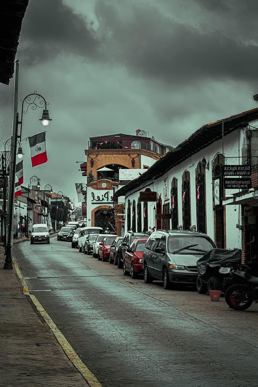 utca, felhős nap, Mexikó, városi, város